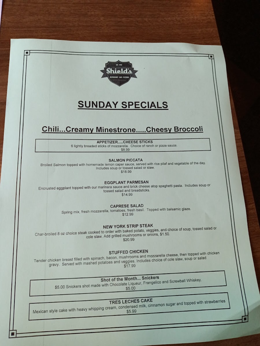 Shield's Restaurant Bar Pizzeria Menu 1