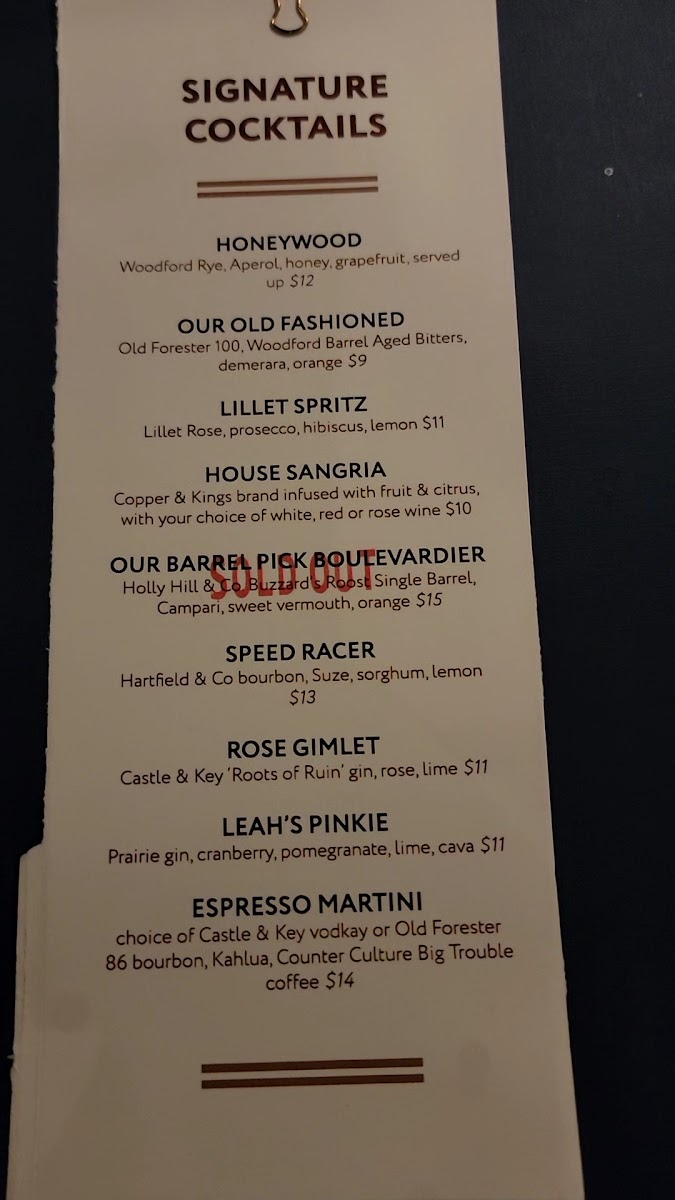 Honeywood Restaurant Menu 1