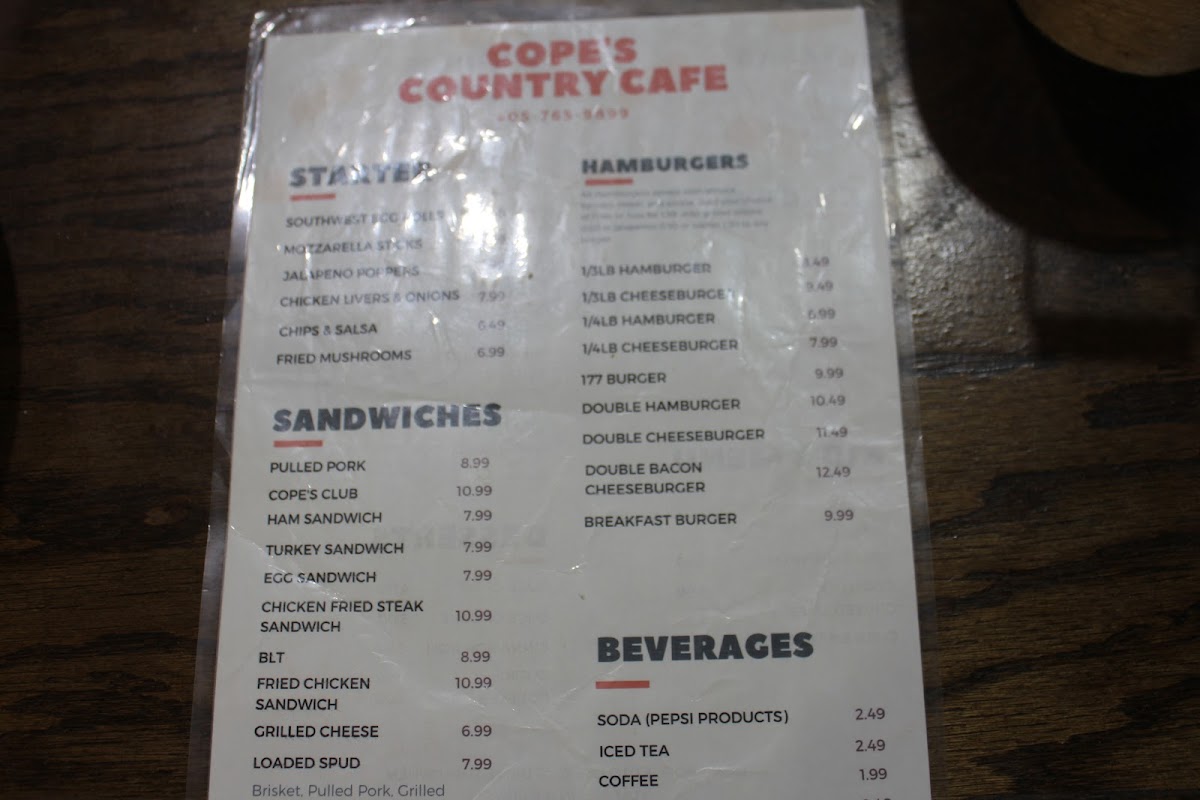Cope’s Country Cafe Menu 1