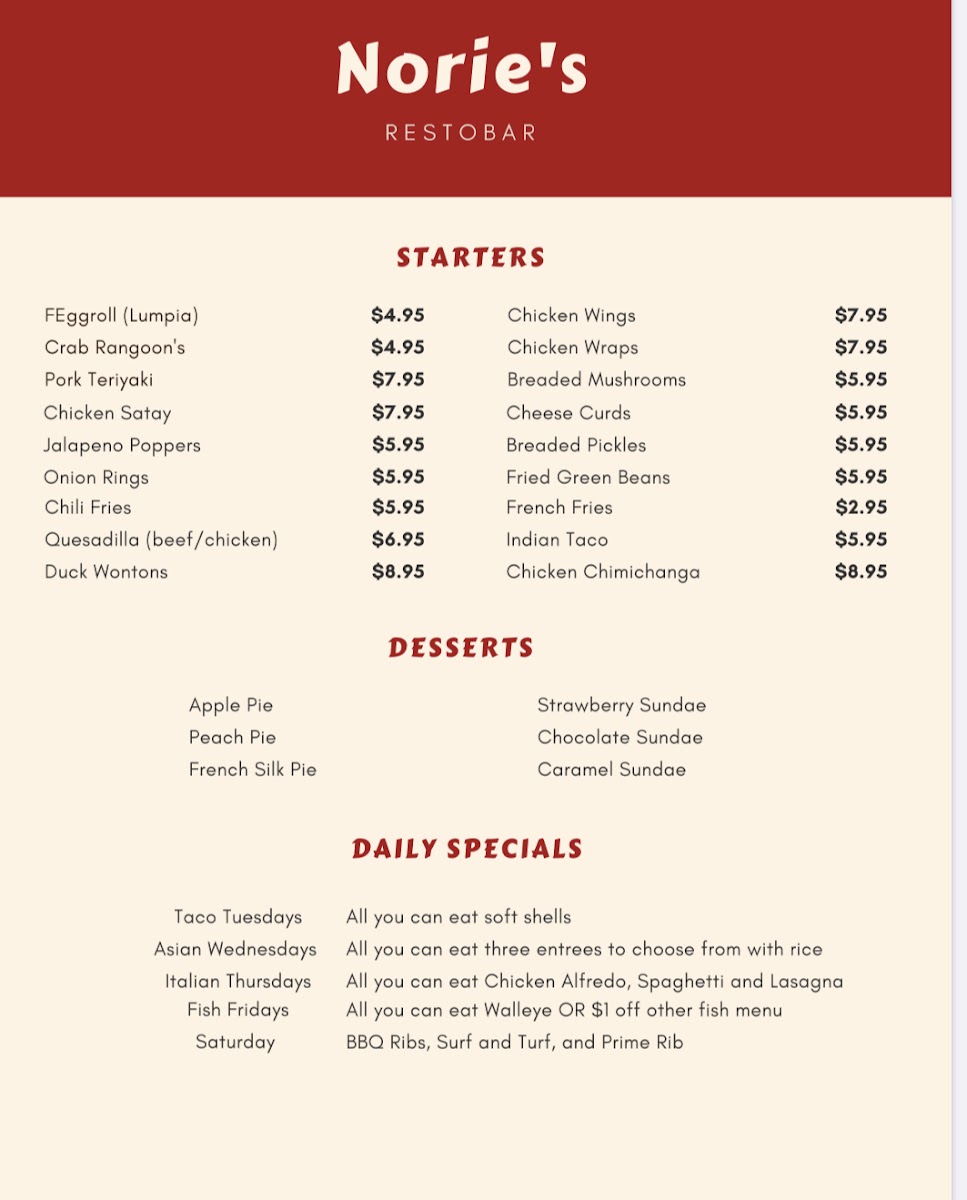 Norie’s at The Big House Menu 1