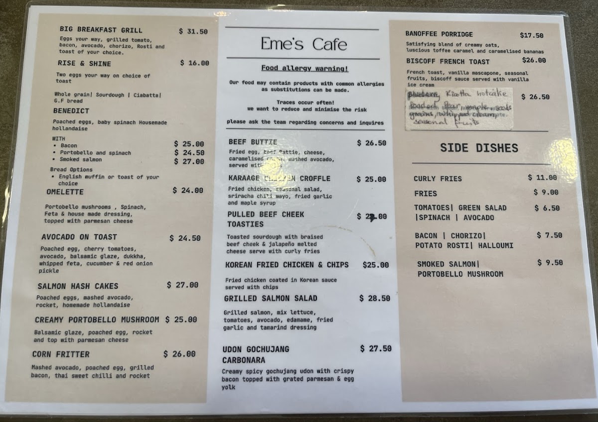 Eme's Cafe Menu 1