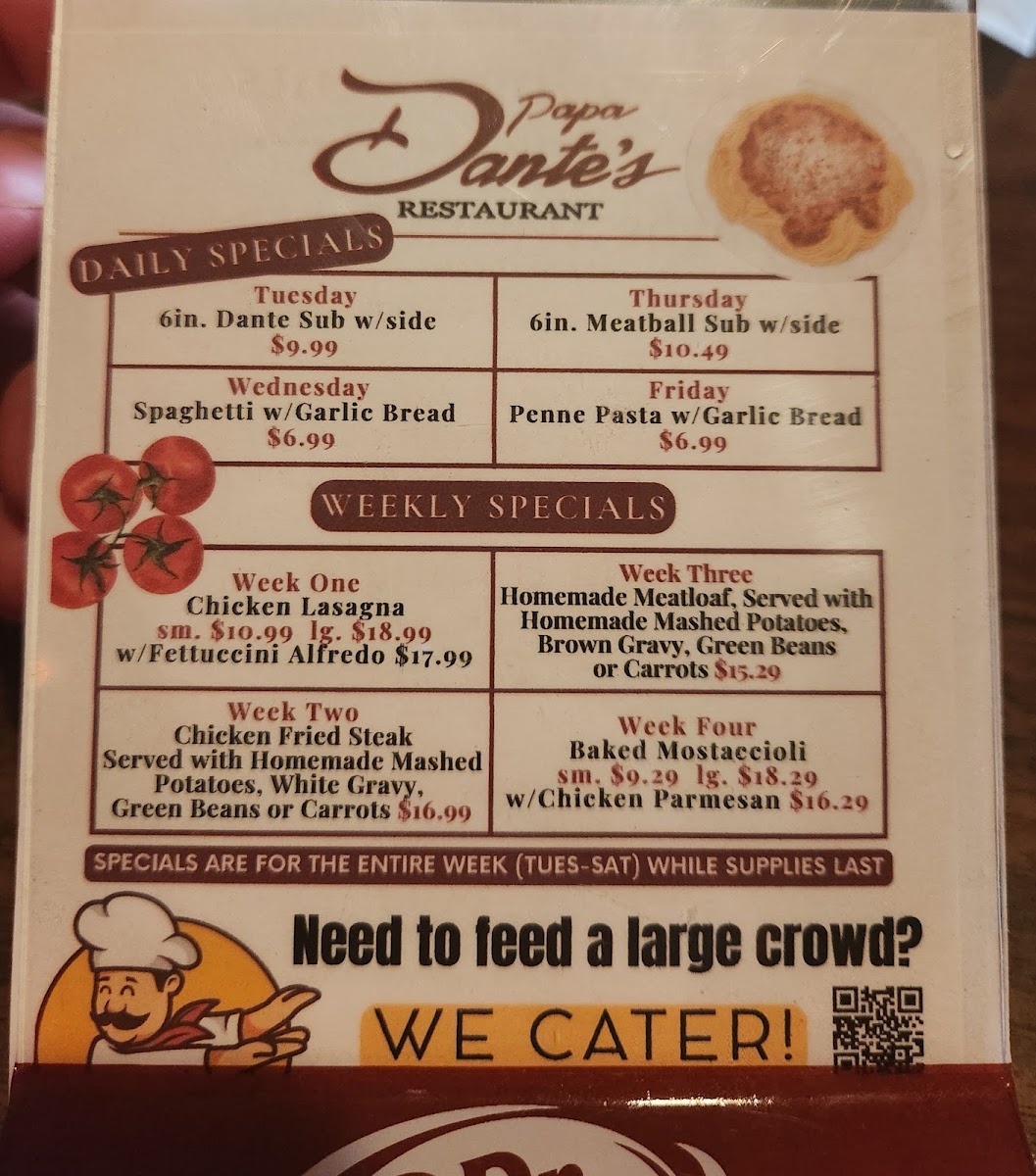 Papa Dante's Italian Restaurant Menu 1
