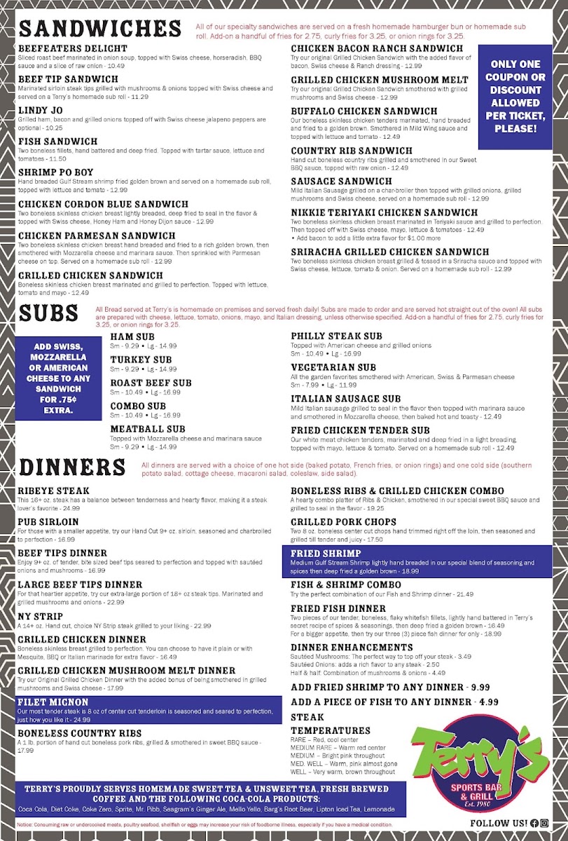 Terry's Place Menu 1