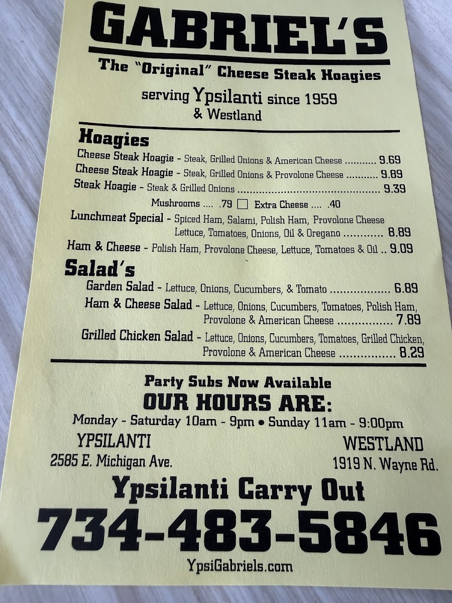 Ypsilanti Gabriel's Cheese Steak Hoagies Menu 1