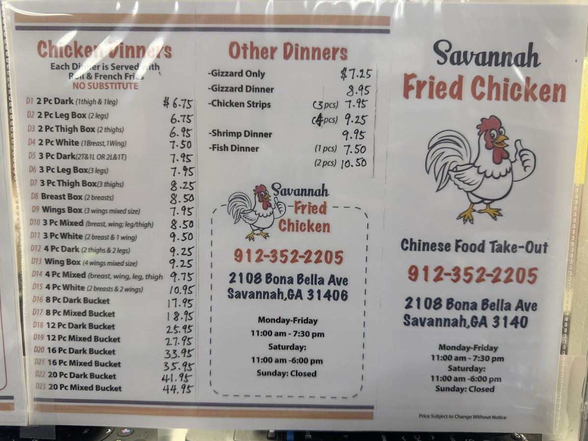 Savannah Fried Chicken Menu 1