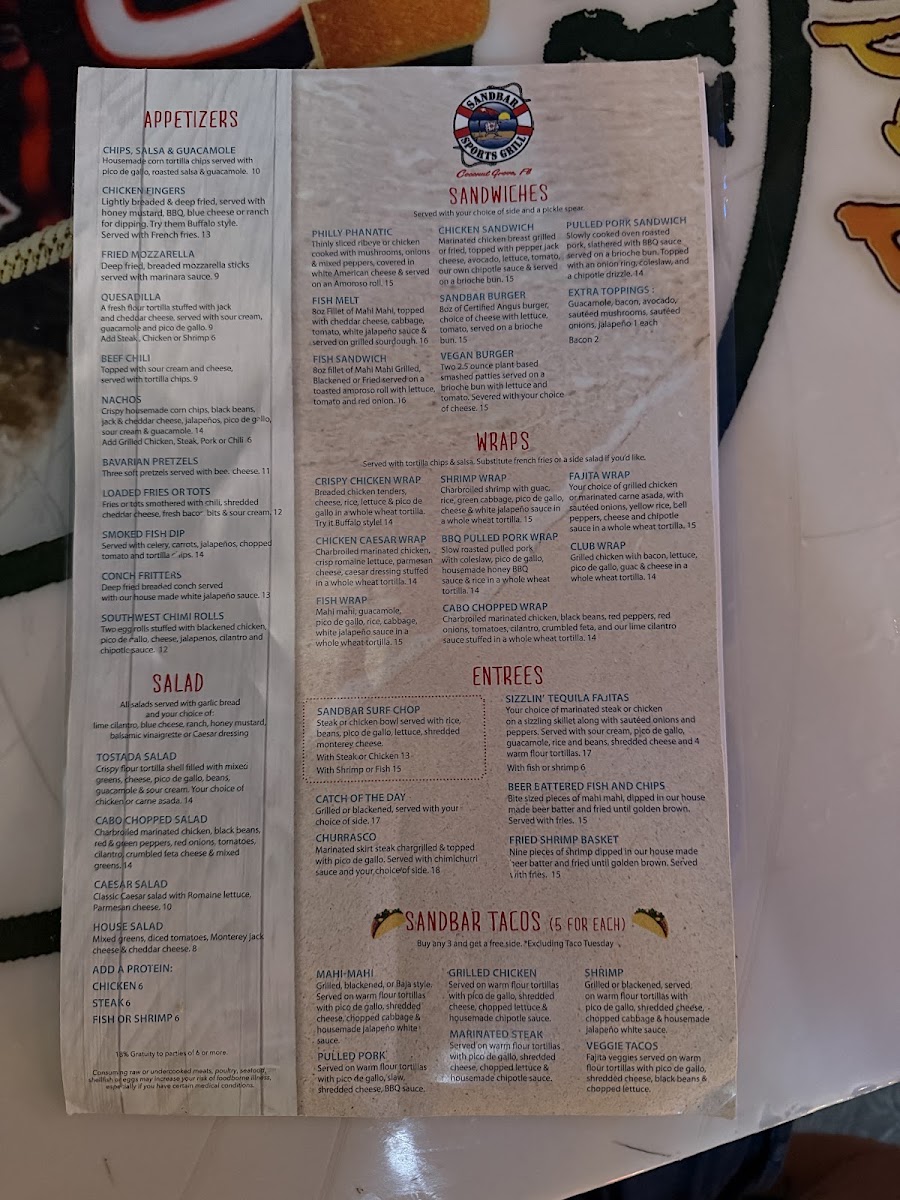 Sandbar Sports Grill Menu 1