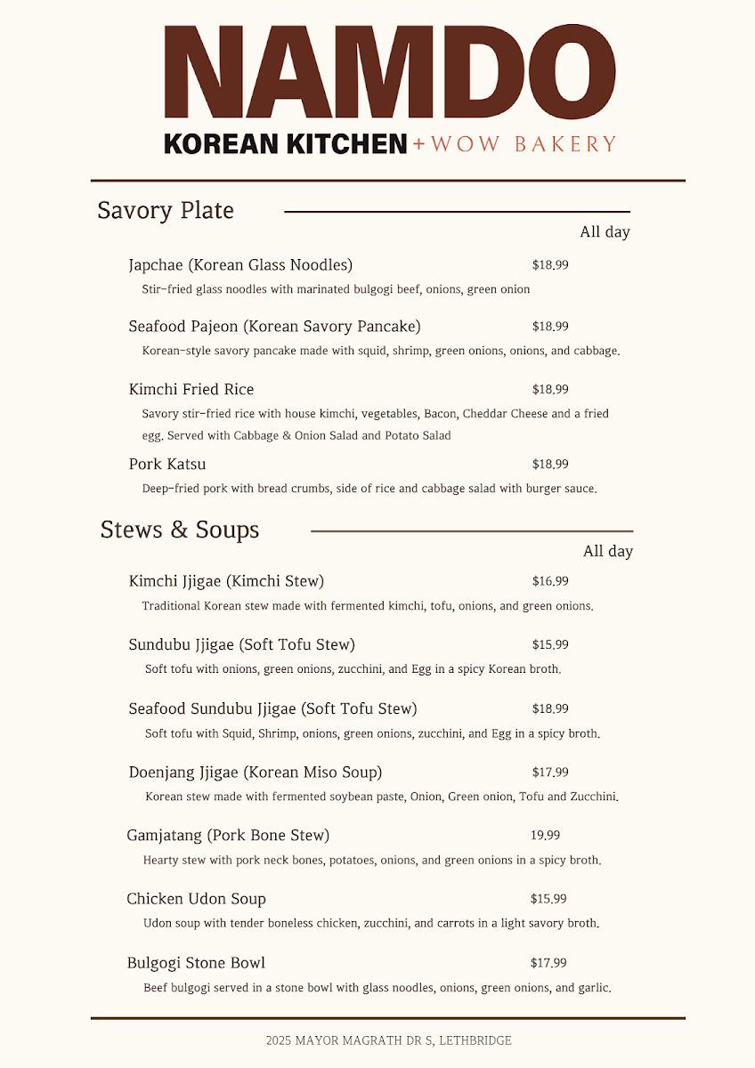 Namdo Korean Kitchen Wow Bakery Menu 1