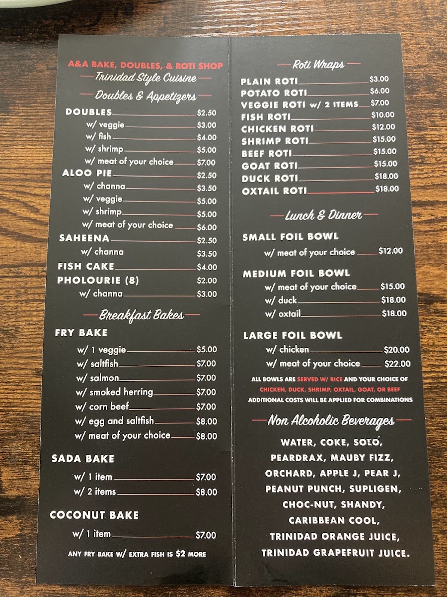 A&A Bake Doubles and Roti Menu 1