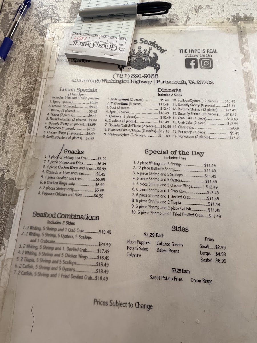 Darla's Seafood Menu 1