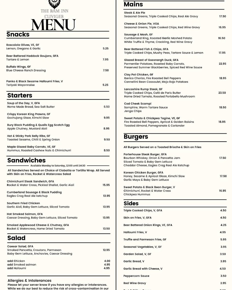 The Ram Inn, Cliviger Menu 1