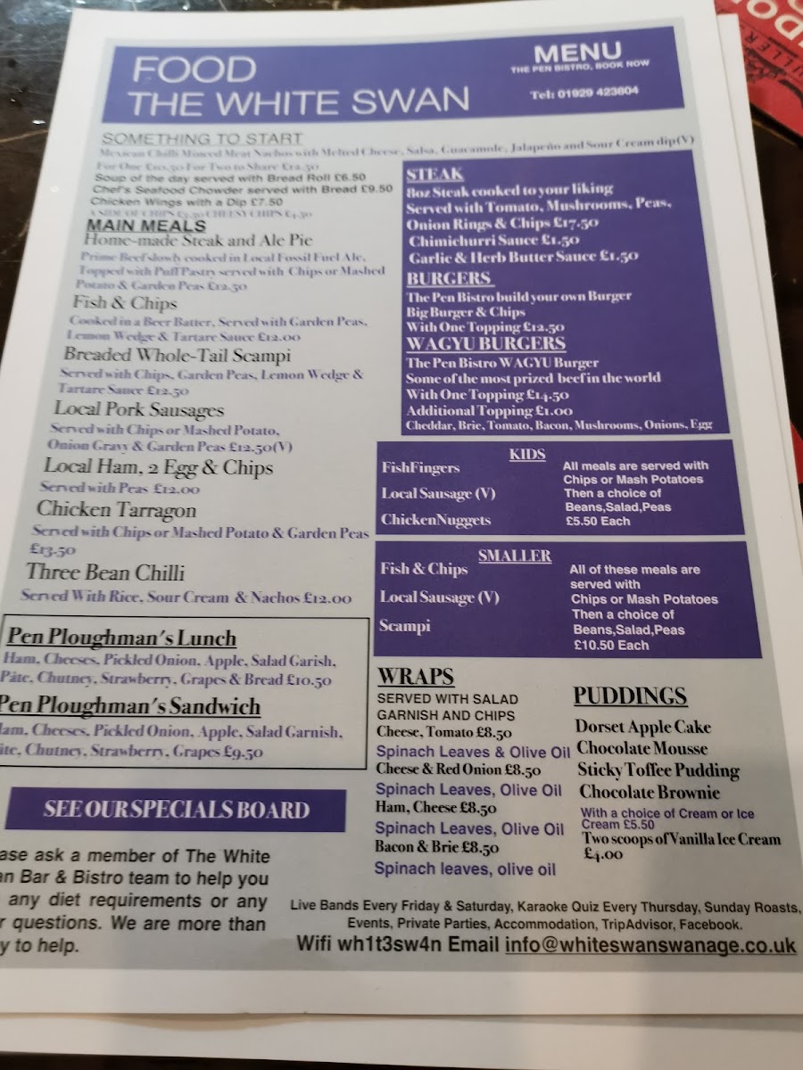 The White Swan Menu 1