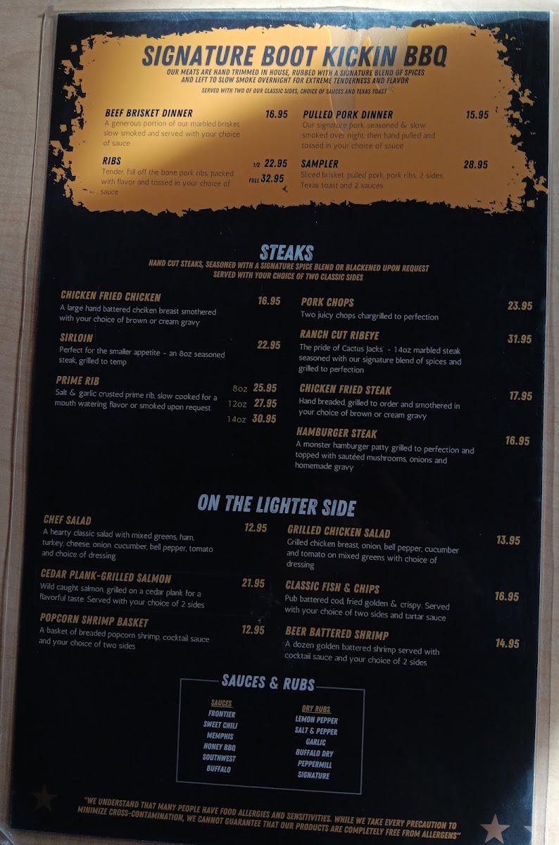 Cactus Jacks Menu 1