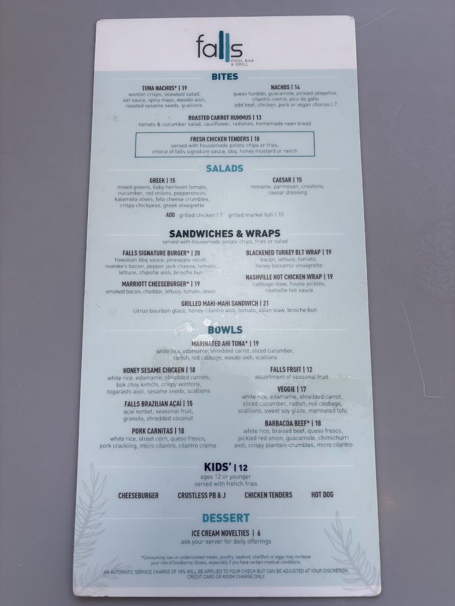 Falls Pool Bar & Grill Menu 1