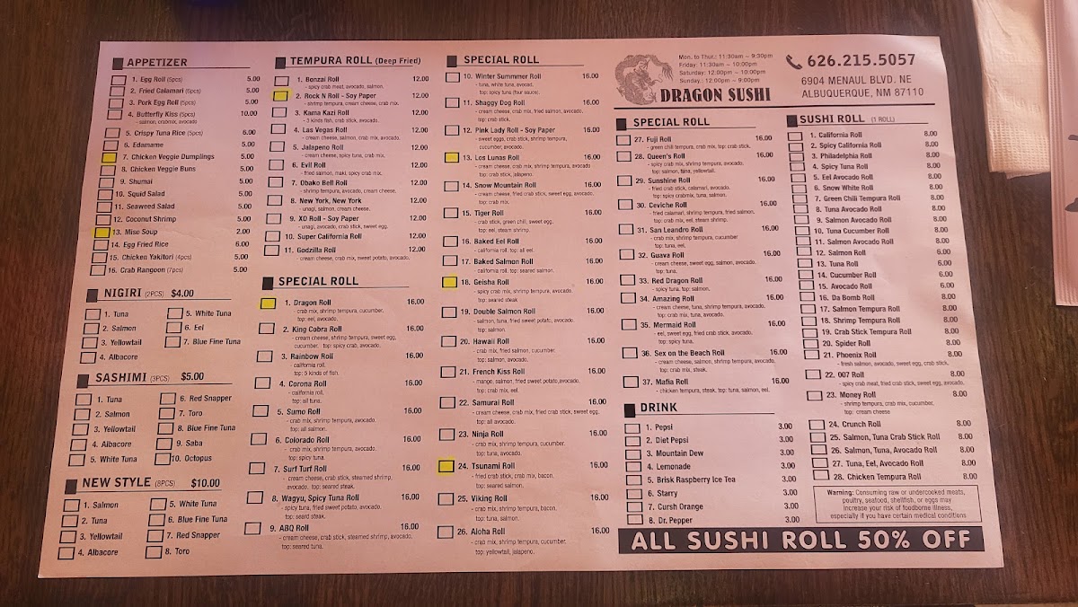 Dragon Sushi Menu 1