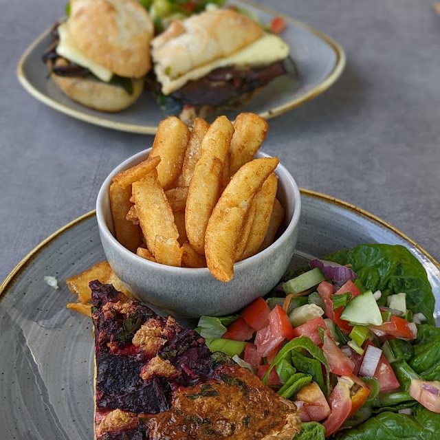 Beetroot Quiche Salad and Chips and Salsa