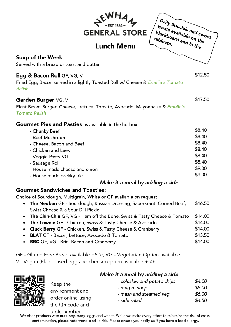 Newham General Store Menu 1