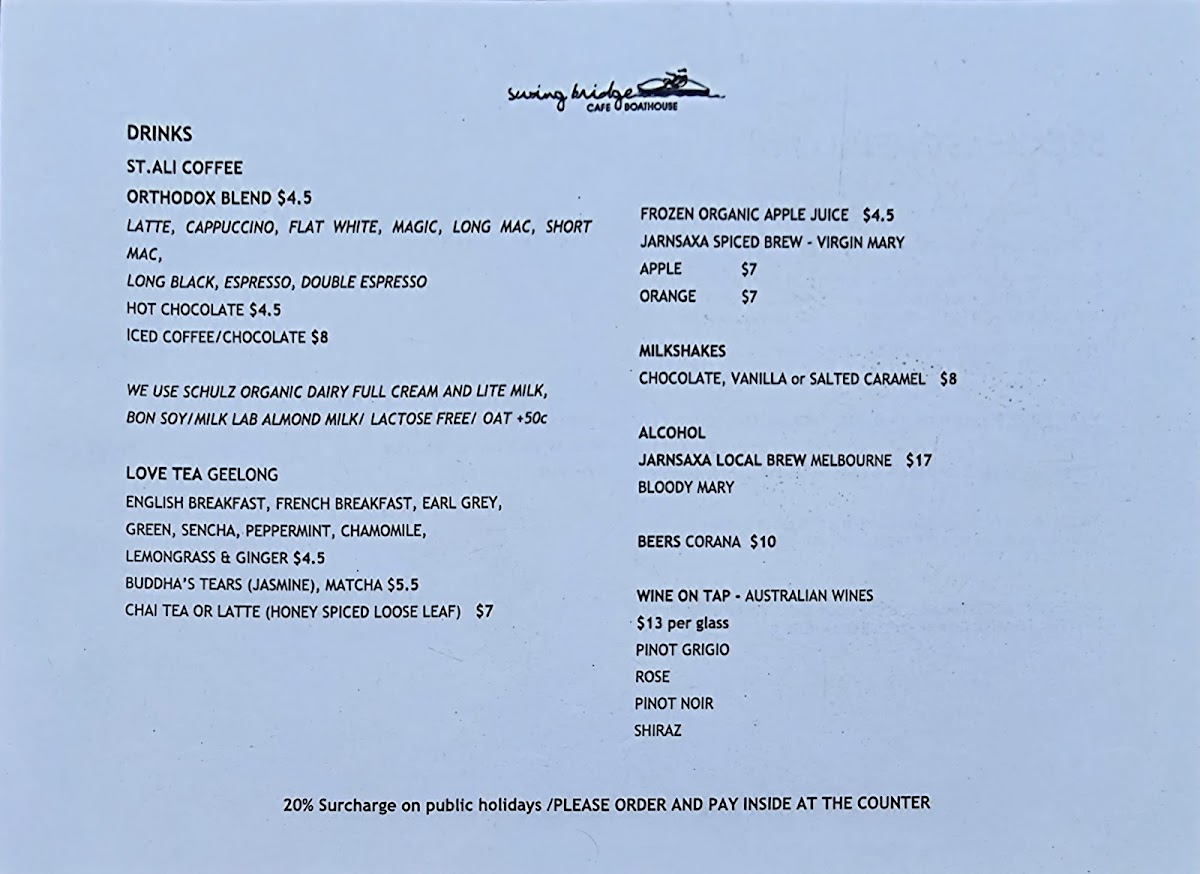 Swingbridge Cafe Menu 1