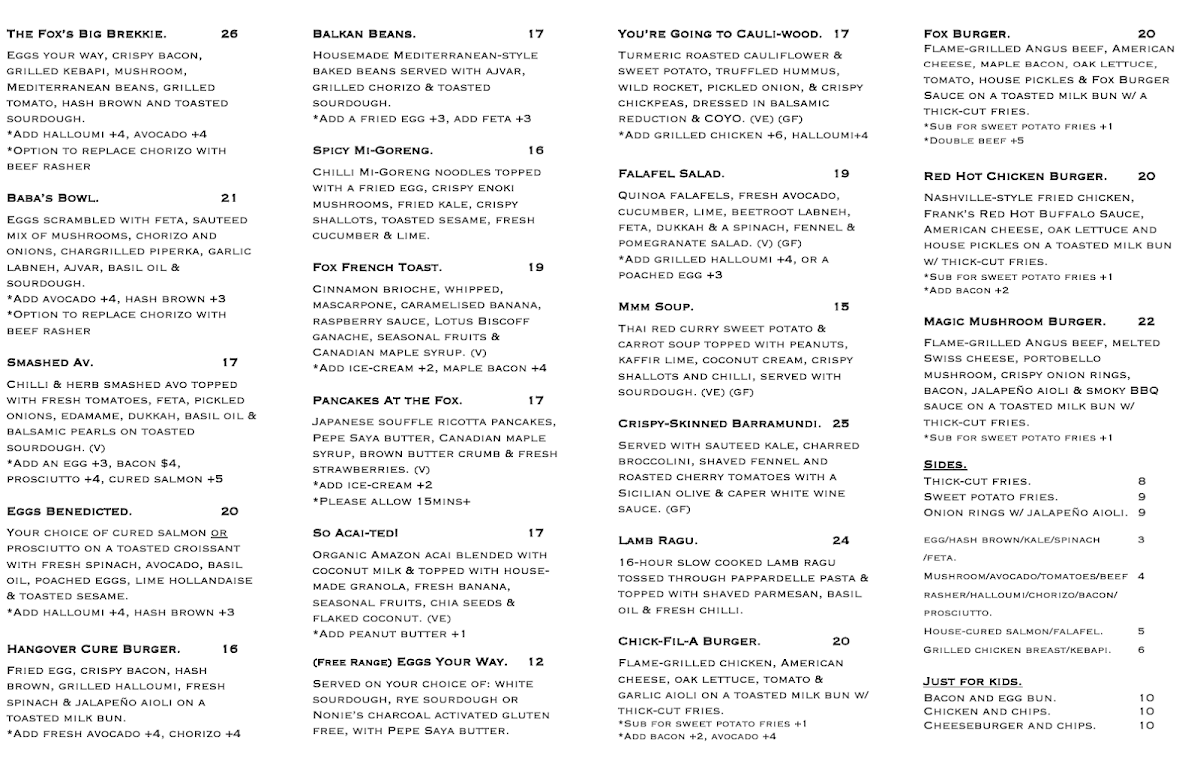 Silver Fox Cafe Menu 1