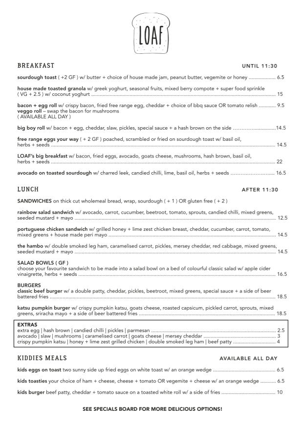 LOAF Cafe, Stanwell Park Menu 1