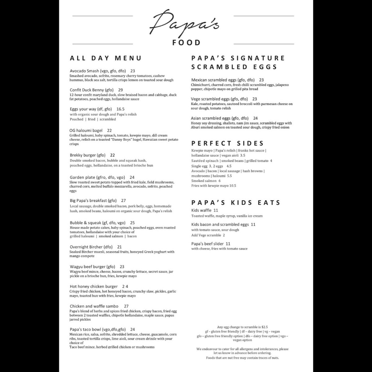 Papa’s Corner Cafe Menu 1