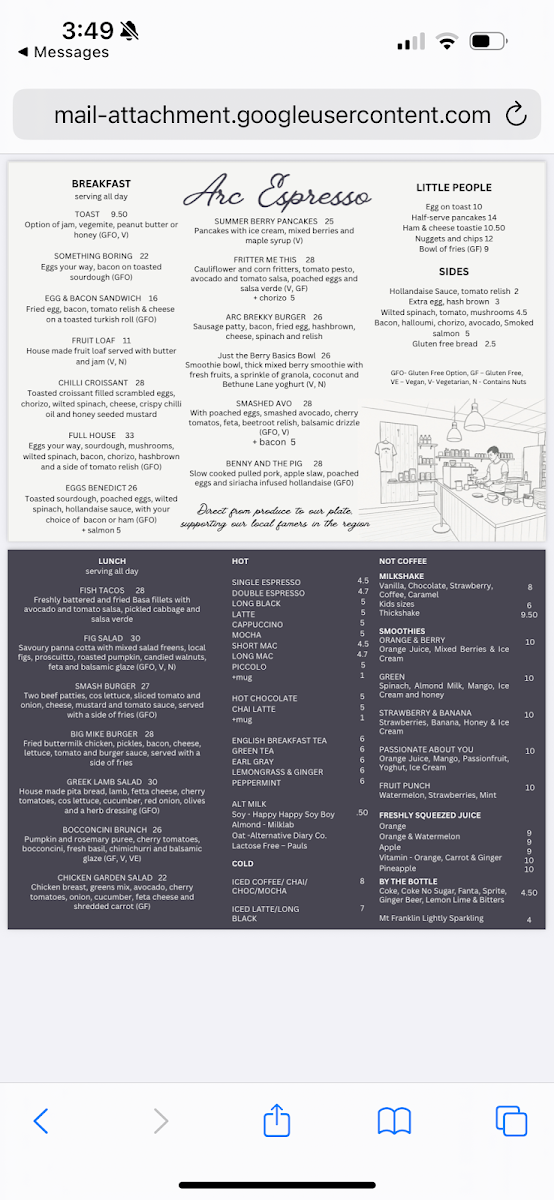 Arc Espresso Menu 1
