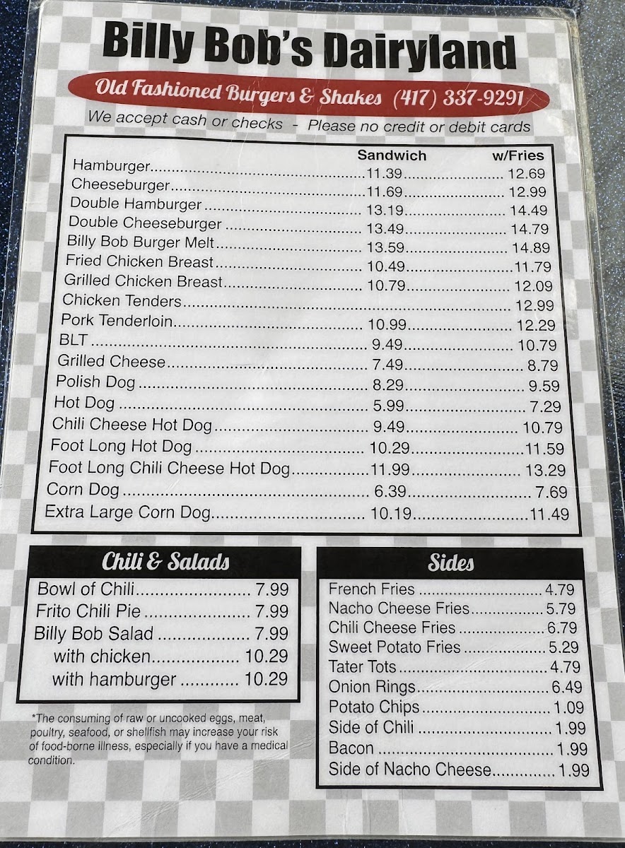 Billy Bob's Dairy Land Menu 1