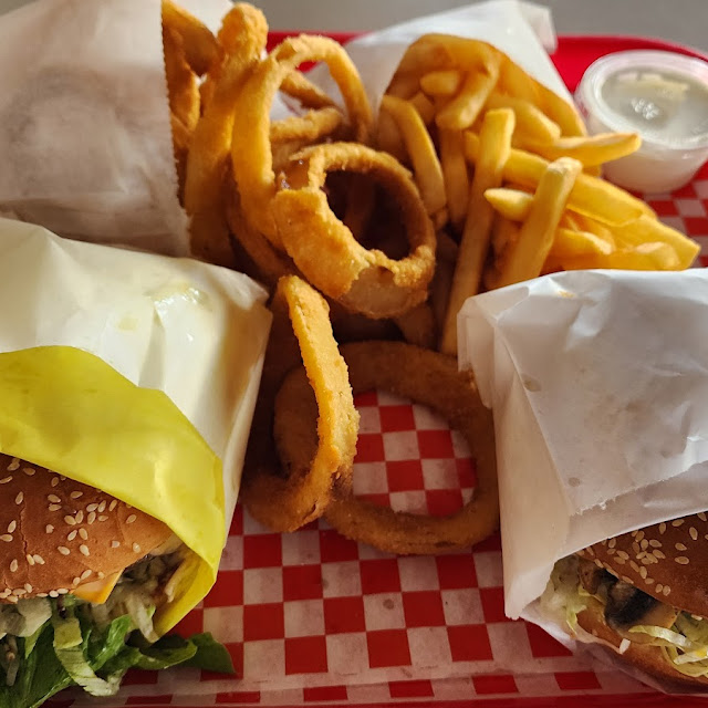Burger and Onion Rings Meal