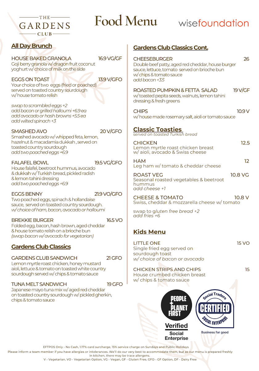 The Gardens Club Menu 1