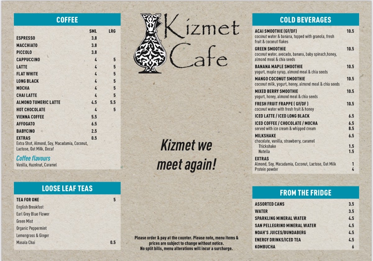 Kizmet Cafe Menu 1