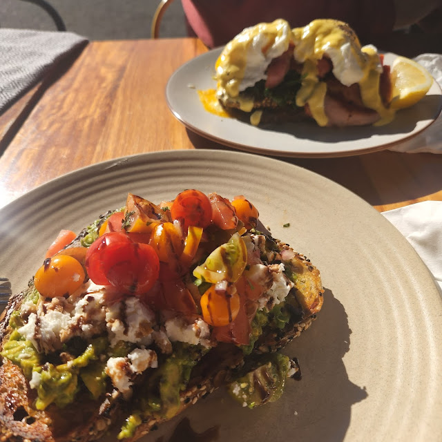 Avocado Smash and Eggs Benedict with Bacon