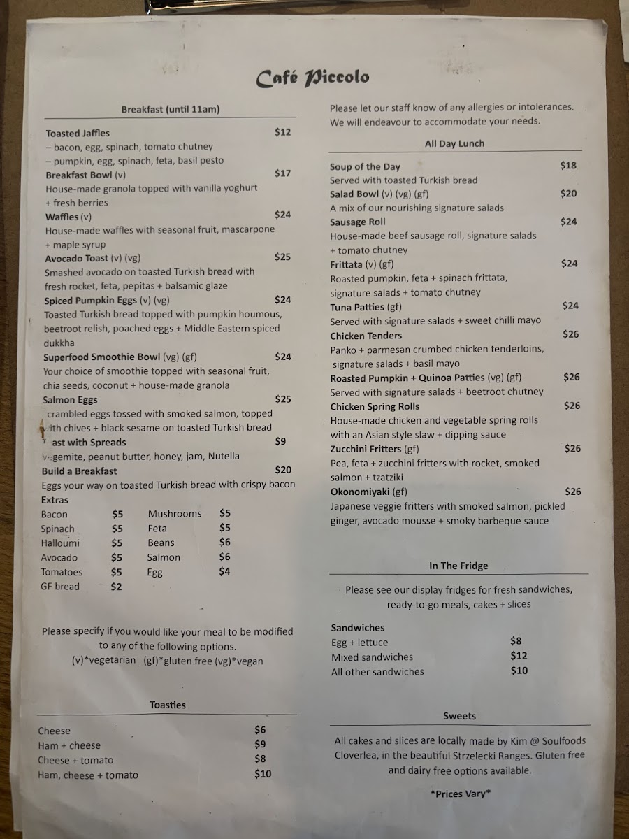 Cafe Piccolo Menu 1