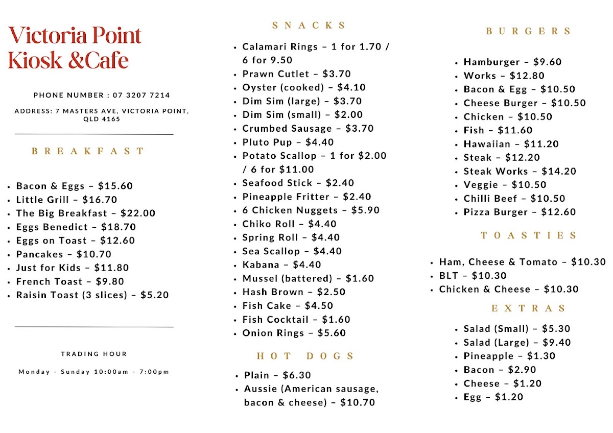 Victoria Point Kiosk Rock 'n' Roll Cafe Menu 1