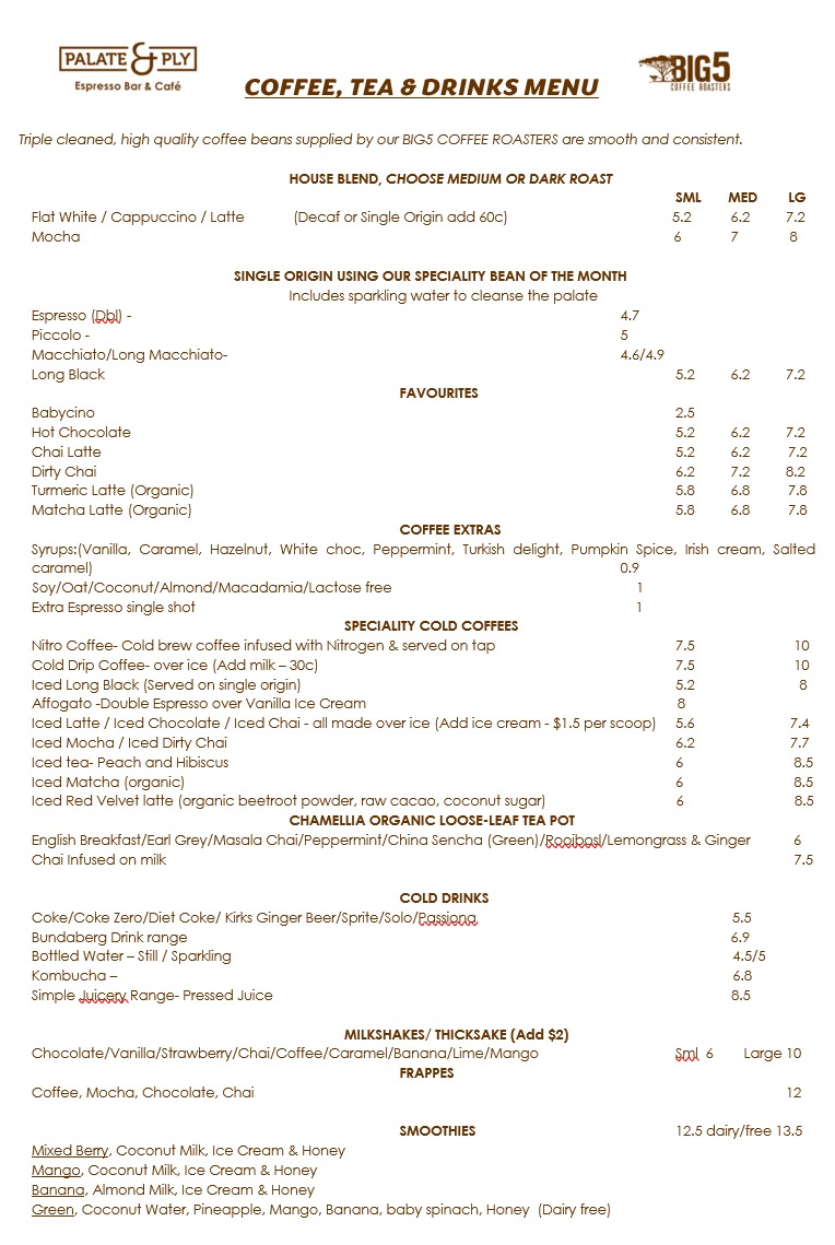Palate & Ply Espresso Bar, Cafe & Roastery Menu 1