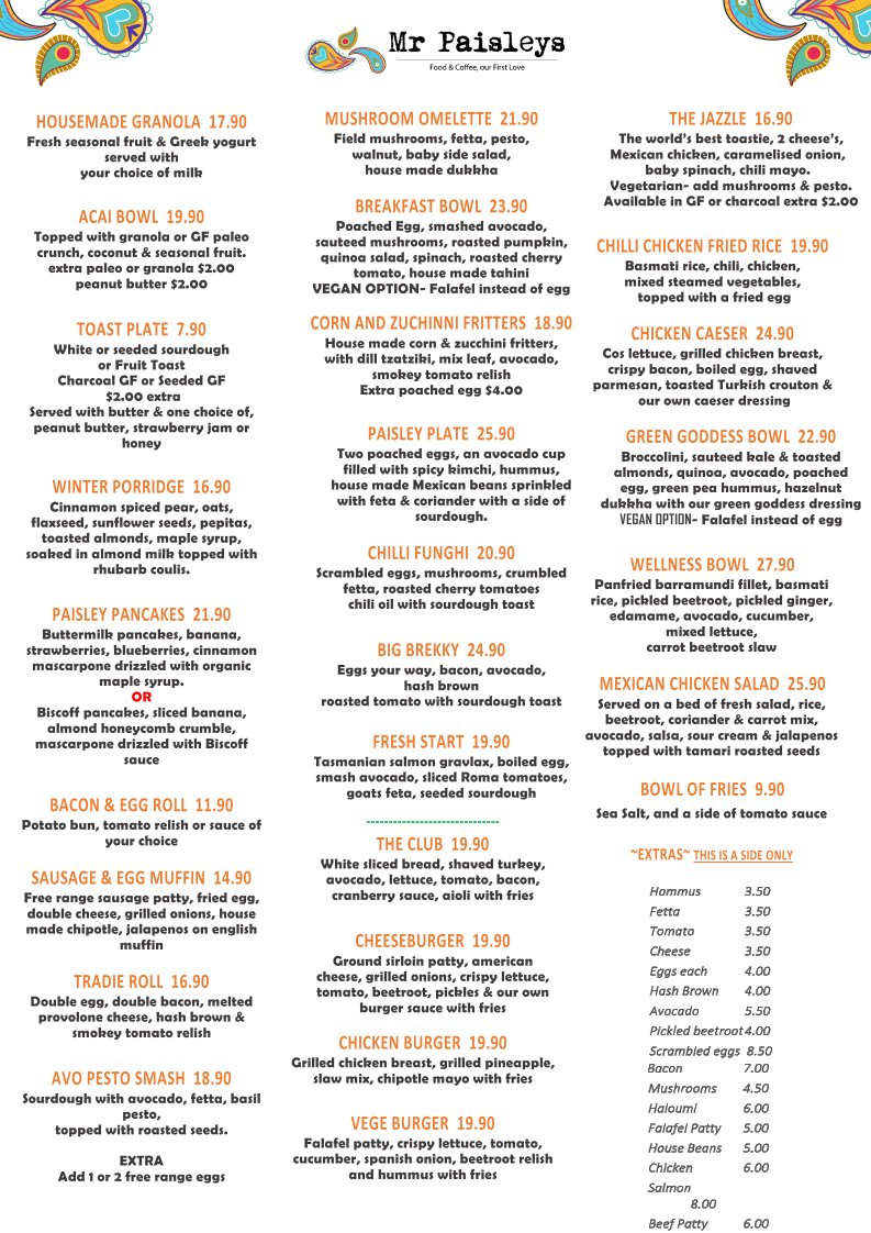 Mr Paisleys Cafe Menu 1