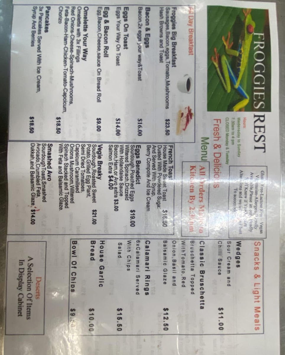 Froggies Rest Menu 1