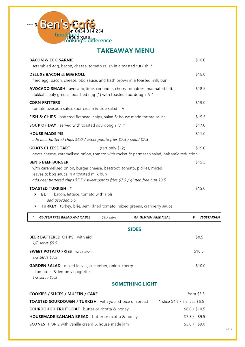 Ben's Cafe Menu 1