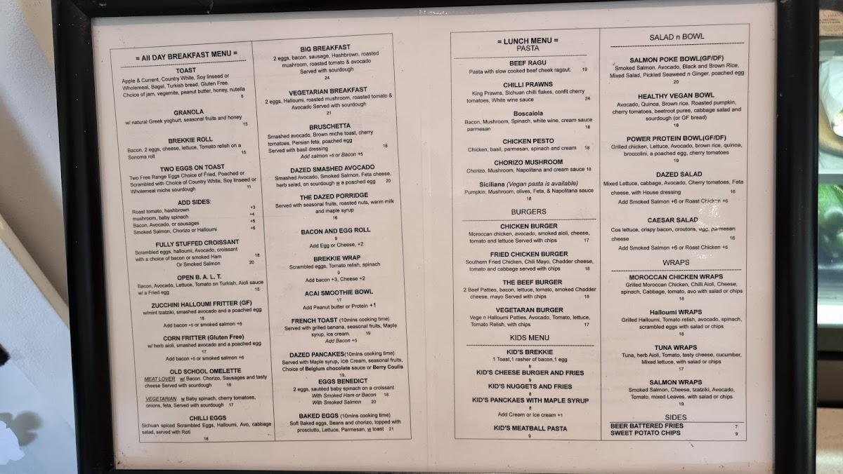 Dazed cafe Menu 1