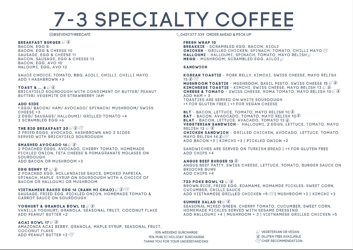 Seven 2 Three Specialty Coffee Menu 1