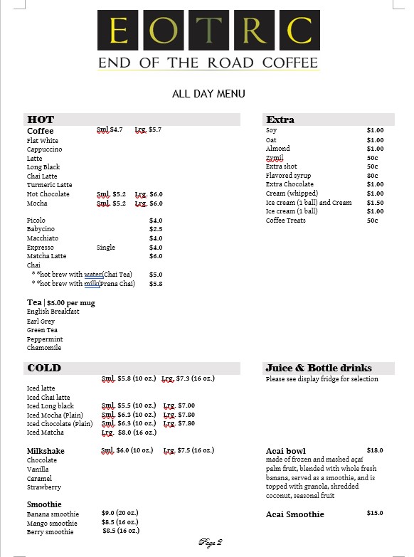 End of the Road Coffee Menu 1