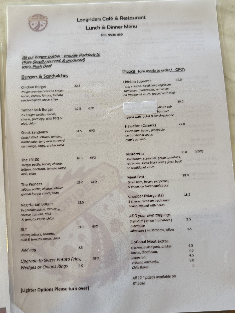 Longriders Cafe & Restaurant Menu 1